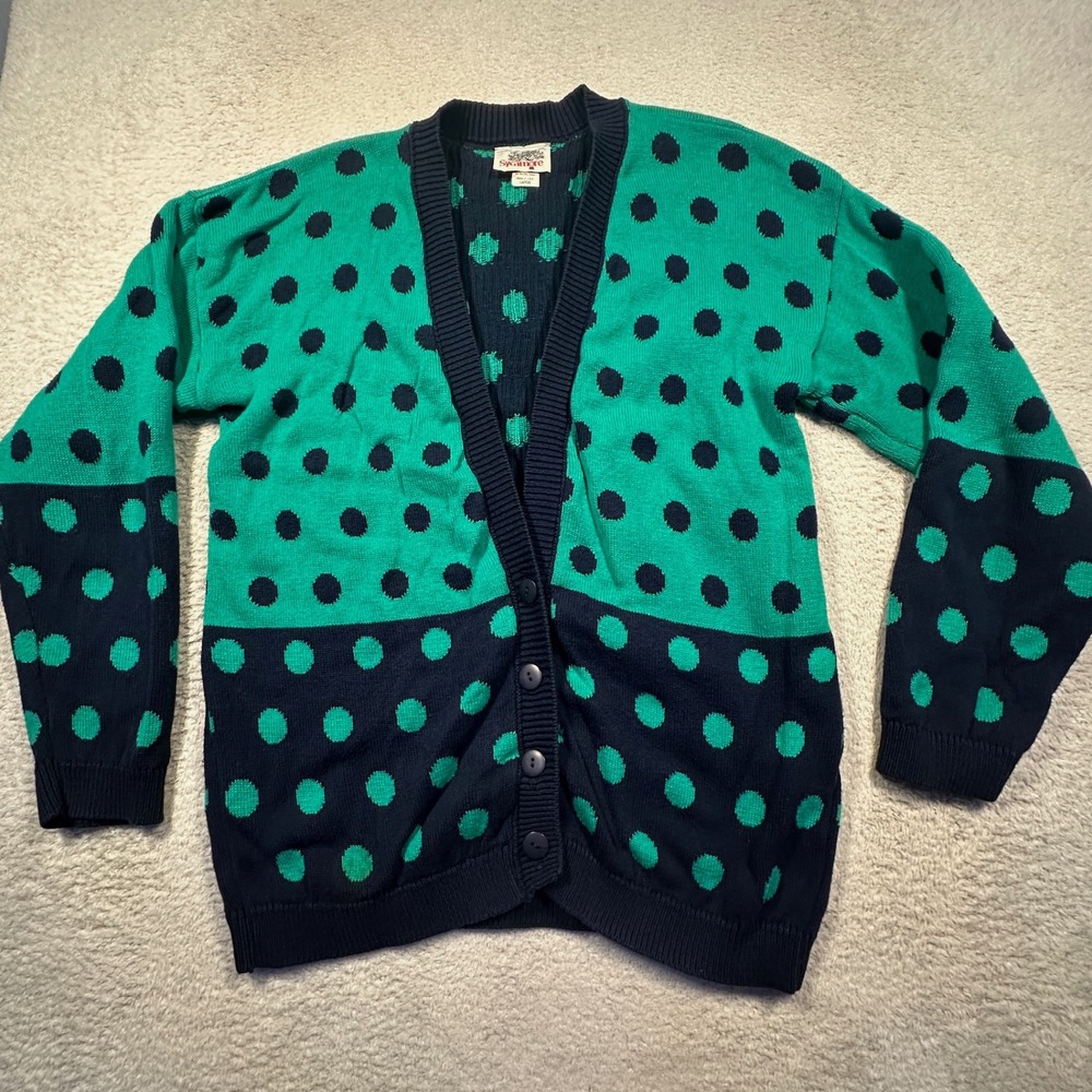 Vintage Sycamore Polka Dot Cotton Cardigan Sweater Green Navy Blue L Made in USA